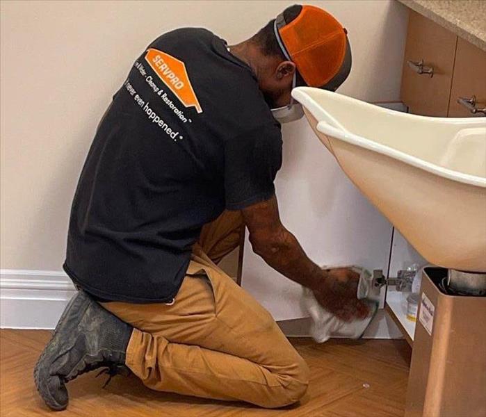 Team member cleaning cabinet.